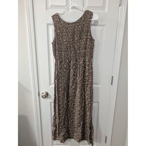 Vintage, Large, Smocked Midi Dress, Chocolate Brown‎ Floral, 90s